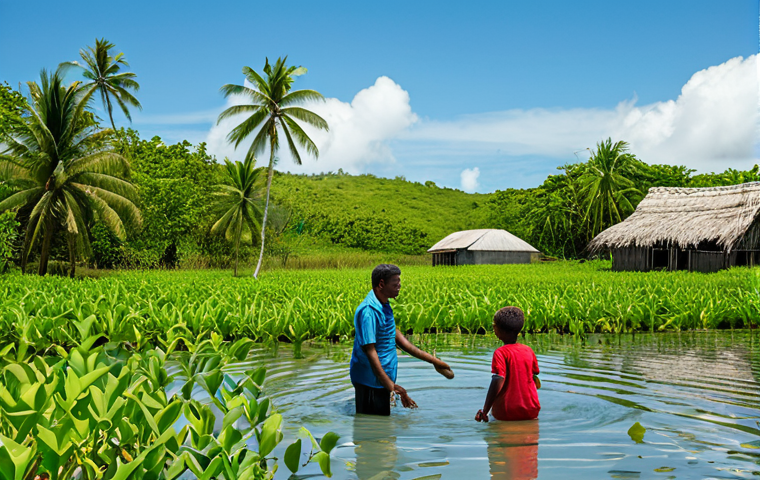 A professional image of a resilient Solomon Islander family, including a mother, father, and child, fully clothed in modest, traditional attire. They are engaged in a community effort to plant young mangrove trees along a serene tropical coastline. The scene depicts a peaceful coastal village with traditional homes in the background, bathed in soft sunlight under clear skies. The water is calm and clear, reflecting lush green tropical vegetation. Perfect anatomy, correct proportions, natural pose, well-formed hands, proper finger count, natural body proportions. Professional photography, high quality, vibrant colors, realistic, detailed, safe for work, appropriate content, fully clothed, family-friendly.