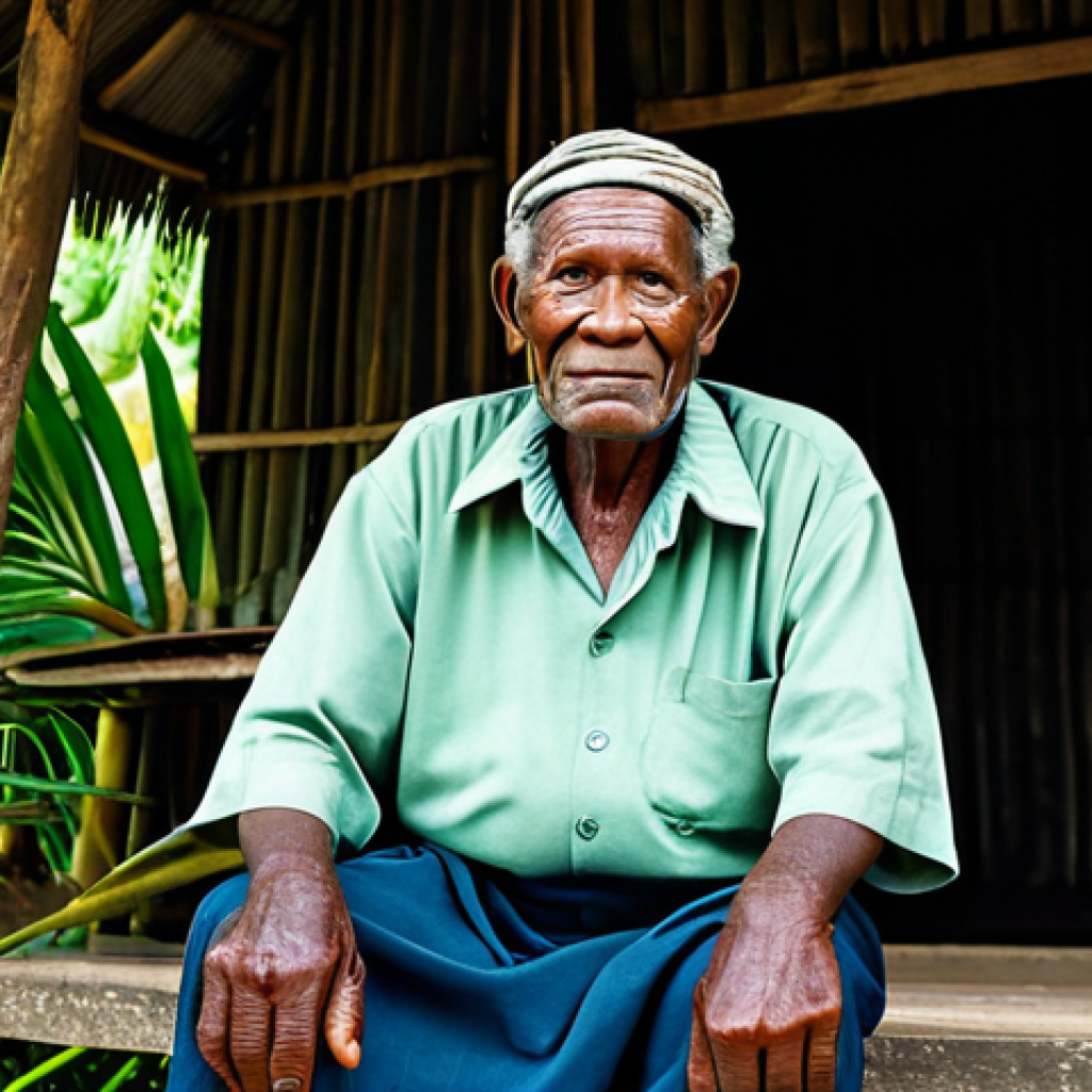 A professional portrait of an elderly Solomon Islander man, his face showing wisdom and experience, wearing modest, traditional clothing. He is seated calmly outside a rustic, well-maintained village hut, surrounded by vibrant green tropical plants. The scene reflects the peaceful daily life and strong community spirit of the Solomon Islands. The lighting is soft and natural, highlighting textures. fully clothed, appropriate attire, safe for work, professional, perfect anatomy, correct proportions, natural pose, well-formed hands, proper finger count, natural body proportions, professional photography, high quality, realistic.