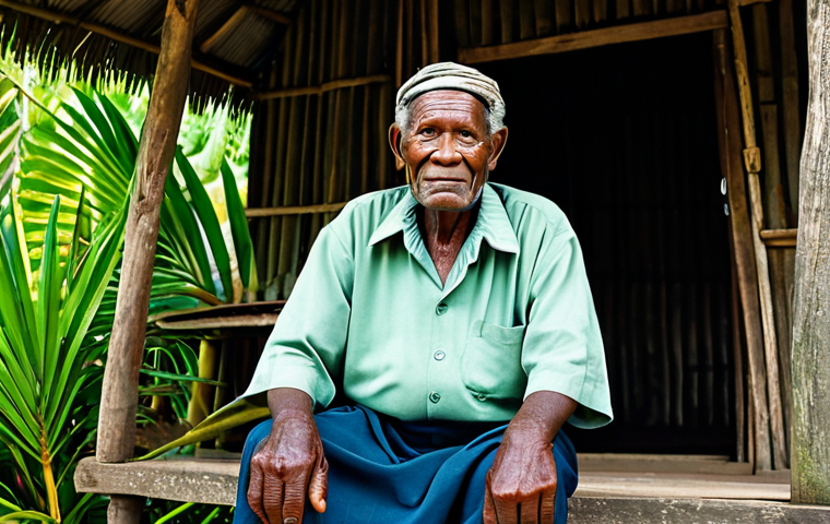 A professional portrait of an elderly Solomon Islander man, his face showing wisdom and experience, wearing modest, traditional clothing. He is seated calmly outside a rustic, well-maintained village hut, surrounded by vibrant green tropical plants. The scene reflects the peaceful daily life and strong community spirit of the Solomon Islands. The lighting is soft and natural, highlighting textures. fully clothed, appropriate attire, safe for work, professional, perfect anatomy, correct proportions, natural pose, well-formed hands, proper finger count, natural body proportions, professional photography, high quality, realistic.