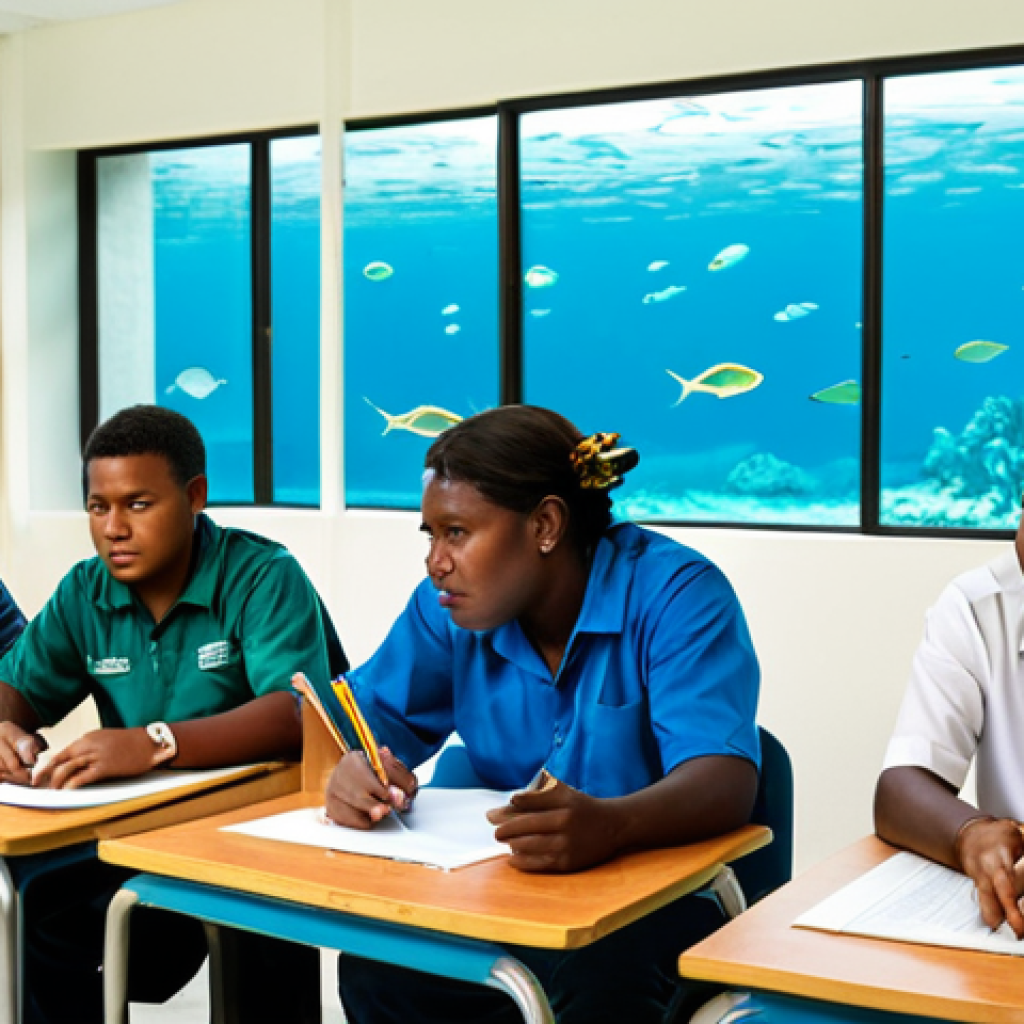 A group of young adult students, diverse and of Solomon Islands ethnicity, are engaged in a collaborative learning session inside a modern university classroom. The room has large windows with a serene view of the turquoise ocean. They are fully clothed in modest, professional-casual attire. Some are examining marine specimens in a small, clean aquarium, while others are looking at digital maps and discussing sustainable fishing practices. The classroom decor subtly incorporates traditional Solomon Islands patterns. The atmosphere is one of focused learning and respectful collaboration. Perfect anatomy, correct proportions, natural poses, well-formed hands, proper finger count, natural body proportions. Safe for work, appropriate content, fully clothed, professional, family-friendly, high quality educational photography, natural lighting.