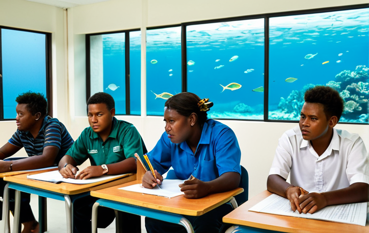 A group of young adult students, diverse and of Solomon Islands ethnicity, are engaged in a collaborative learning session inside a modern university classroom. The room has large windows with a serene view of the turquoise ocean. They are fully clothed in modest, professional-casual attire. Some are examining marine specimens in a small, clean aquarium, while others are looking at digital maps and discussing sustainable fishing practices. The classroom decor subtly incorporates traditional Solomon Islands patterns. The atmosphere is one of focused learning and respectful collaboration. Perfect anatomy, correct proportions, natural poses, well-formed hands, proper finger count, natural body proportions. Safe for work, appropriate content, fully clothed, professional, family-friendly, high quality educational photography, natural lighting.
