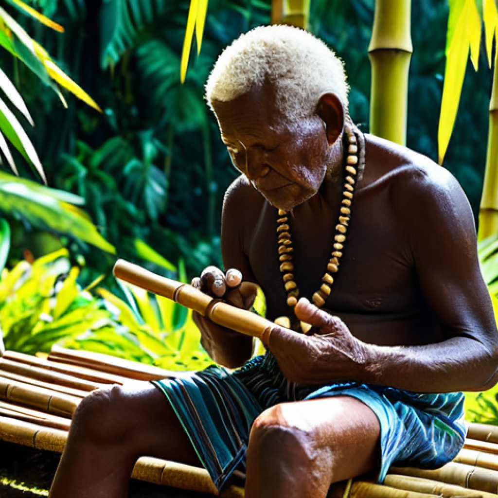 A Solomon Islands elder artisan, with weathered hands, meticulously crafting a sisi pan flute from natural bamboo, seated in a sunlit, lush tropical setting. The scene captures the dedication and ancestral knowledge, showcasing traditional tools. The artisan wears modest, traditional attire. Perfect anatomy, correct proportions, natural pose, well-formed hands, proper finger count, natural body proportions. Professional photography, high quality, hyperrealistic, detailed. Safe for work, appropriate content, fully clothed, modest, family-friendly.