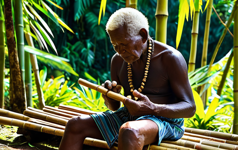 A Solomon Islands elder artisan, with weathered hands, meticulously crafting a sisi pan flute from natural bamboo, seated in a sunlit, lush tropical setting. The scene captures the dedication and ancestral knowledge, showcasing traditional tools. The artisan wears modest, traditional attire. Perfect anatomy, correct proportions, natural pose, well-formed hands, proper finger count, natural body proportions. Professional photography, high quality, hyperrealistic, detailed. Safe for work, appropriate content, fully clothed, modest, family-friendly.