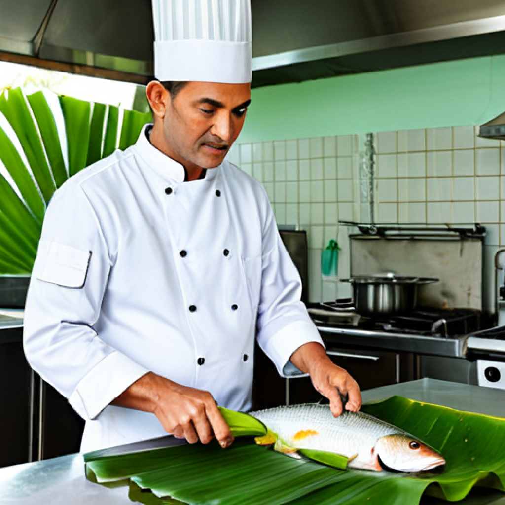**

"A fully clothed chef in a clean, professional kitchen, preparing fish wrapped in banana leaves, appropriate attire, safe for work, perfect anatomy, natural proportions, vibrant tropical setting, family-friendly, professional photography, high quality"

**