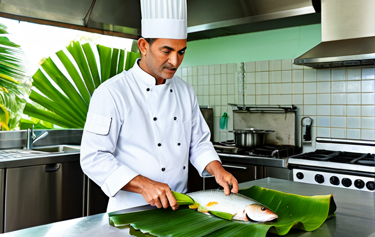 **

"A fully clothed chef in a clean, professional kitchen, preparing fish wrapped in banana leaves, appropriate attire, safe for work, perfect anatomy, natural proportions, vibrant tropical setting, family-friendly, professional photography, high quality"

**
