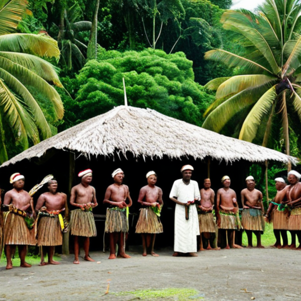 Traditional Solomon Islands Ceremony**

"A traditional ceremony in a small village on Guadalcanal Island, Solomon Islands. Participants are fully clothed in modest traditional attire. The scene depicts singing and dancing with ancestral connection. Background shows traditional village architecture and lush tropical foliage. Safe for work, appropriate content, professional photography, perfect anatomy, natural proportions, family-friendly, well-formed hands, proper finger count."

**
