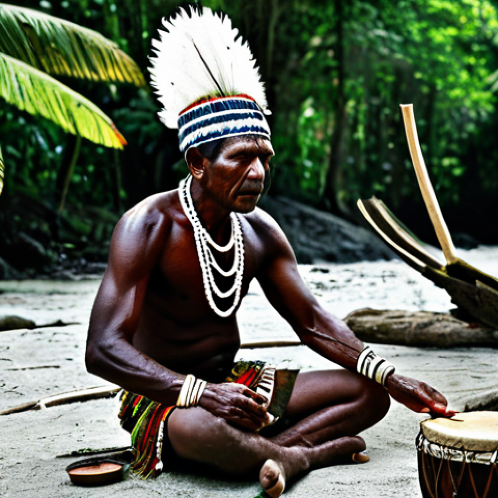 Chamán Ceremony**

"A 'kastom doctor' (shaman) in the Solomon Islands, fully clothed in traditional attire, performing a healing ceremony. Resonant drums, intricate rituals, with natural lighting. Safe for work, appropriate content, perfect anatomy, correct proportions, professional photography, high quality, modest clothing, family-friendly."

**