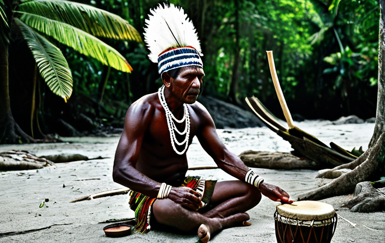 Chamán Ceremony**

"A 'kastom doctor' (shaman) in the Solomon Islands, fully clothed in traditional attire, performing a healing ceremony. Resonant drums, intricate rituals, with natural lighting. Safe for work, appropriate content, perfect anatomy, correct proportions, professional photography, high quality, modest clothing, family-friendly."

**