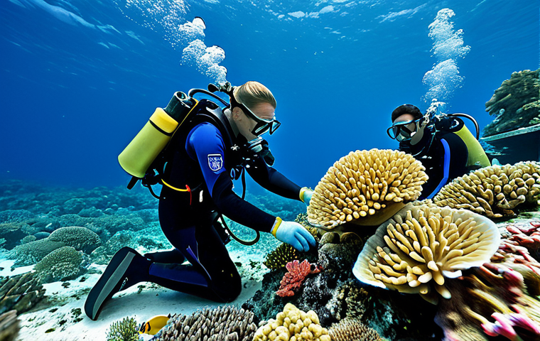 Coral Reef Conservation**

"A group of marine biologists, fully clothed in scuba gear, carefully planting coral fragments on a degraded reef in the Solomon Islands, appropriate attire, safe for work, perfect anatomy, natural proportions, underwater photography, vibrant colors, surrounded by colorful fish, educational, family-friendly"

**