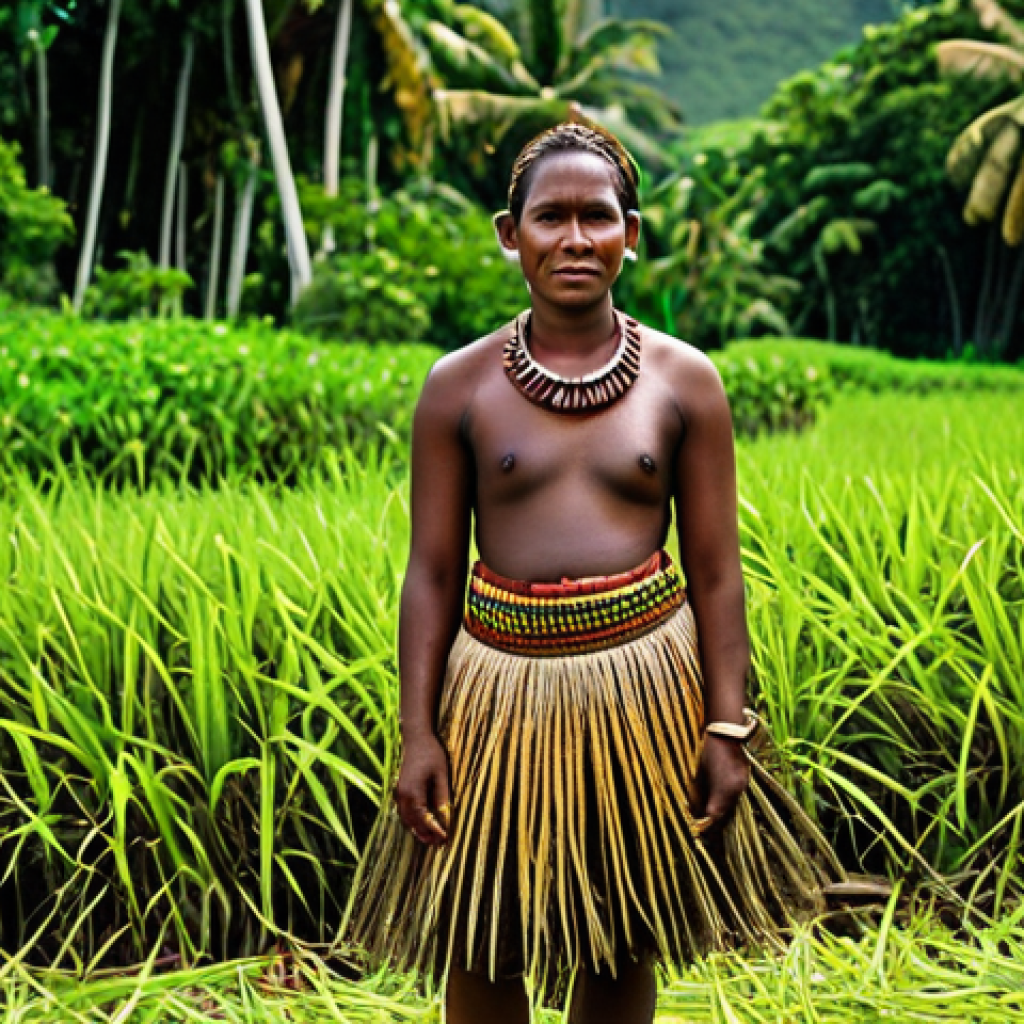 솔로몬 제도 전통 의상 - "A Solomon Islands woman in a traditionally woven grass skirt, fully clothed, adorned with natural p...