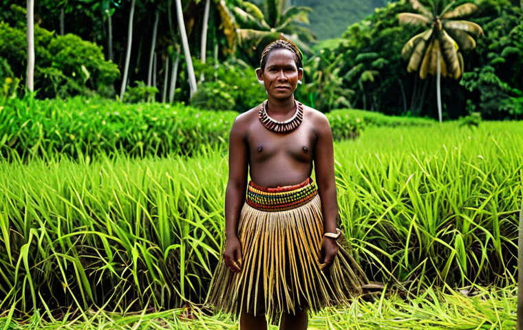 솔로몬 제도 전통 의상 - "A Solomon Islands woman in a traditionally woven grass skirt, fully clothed, adorned with natural p...