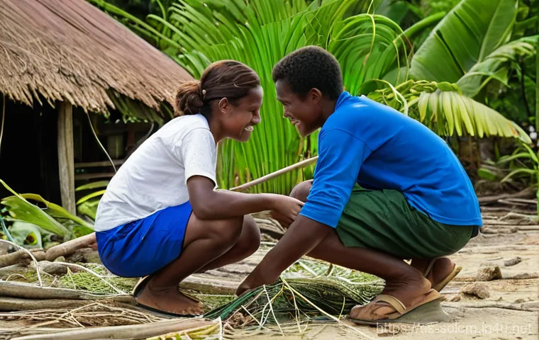 솔로몬 제도 부족 간 갈등 - **"A vibrant scene depicting a traditional 'kastom' ceremony in a Solomon Islands village. Indigenou...