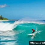 솔로몬 제도 서핑 명소 - **Prompt 1: Uncrowded Tropical Surf Session**
    "A female surfer, wearing a modest, brightly color...
