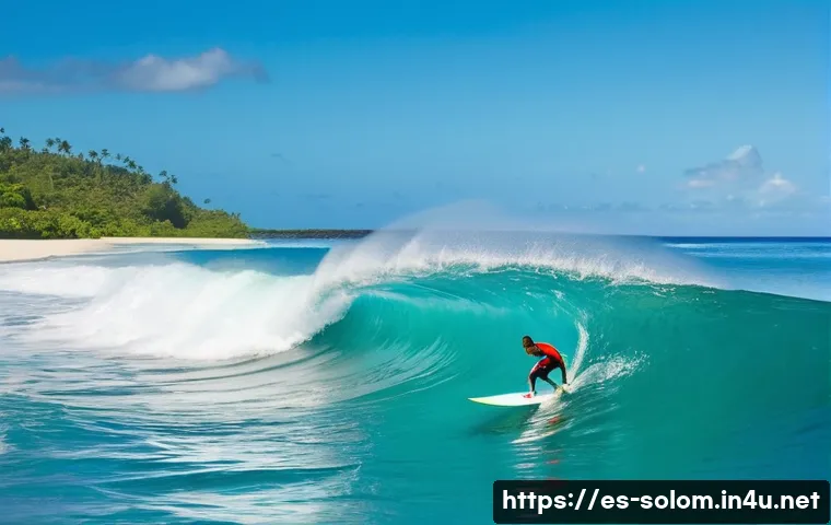 솔로몬 제도 서핑 명소 - **Prompt 1: Uncrowded Tropical Surf Session**
    "A female surfer, wearing a modest, brightly color...