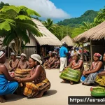 솔로몬 제도 공용어 - A vibrant marketplace scene in the Solomon Islands, showcasing diverse islanders in traditional clot...