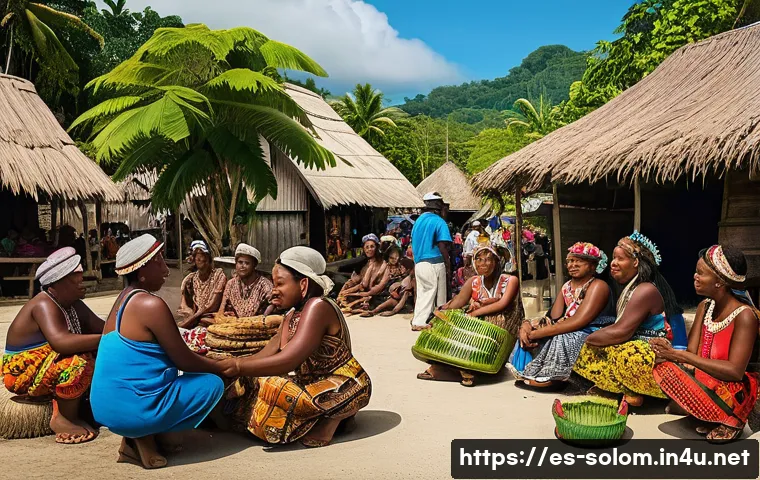 솔로몬 제도 공용어 - A vibrant marketplace scene in the Solomon Islands, showcasing diverse islanders in traditional clot...