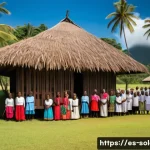 솔로몬 제도 독립 과정 - A detailed historical scene depicting Solomon Islands during British colonial administration in the ...