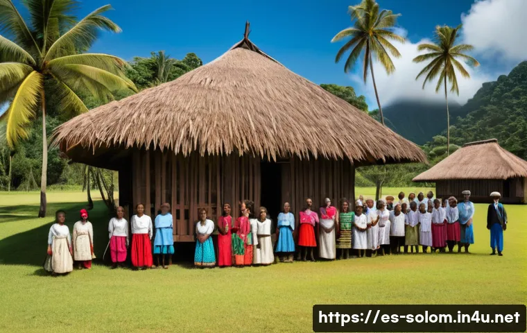 솔로몬 제도 독립 과정 - A detailed historical scene depicting Solomon Islands during British colonial administration in the ...