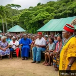 솔로몬 제도 총리 정보 - A detailed scene of the Solomon Islands&rsquo; Prime Minister engaging in a community meeting outdoors, su...