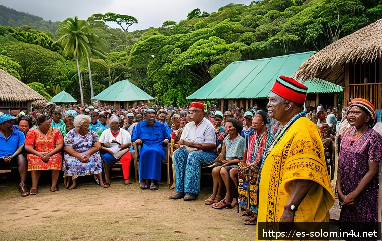 솔로몬 제도 총리 정보 - A detailed scene of the Solomon Islands’ Prime Minister engaging in a community meeting outdoors, su...