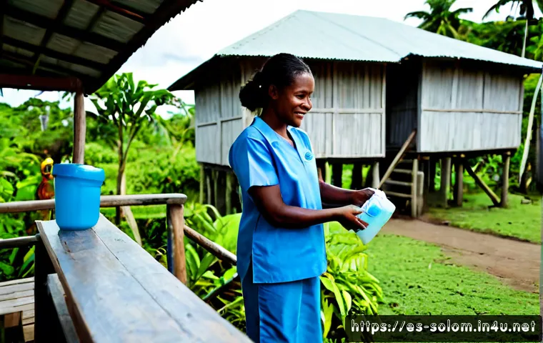솔로몬 제도 감염병 예방 - Photorealistic public health prevention scene in a Solomon Islands coastal village, a local healthca...