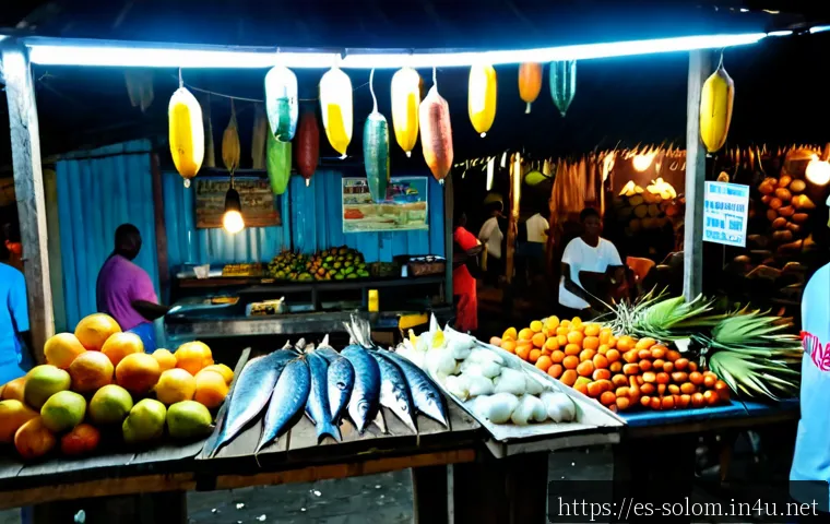 솔로몬 제도 호니아라 야시장 - Photorealistic Honiara night market in the Solomon Islands at blue hour, friendly Melanesian vendors...